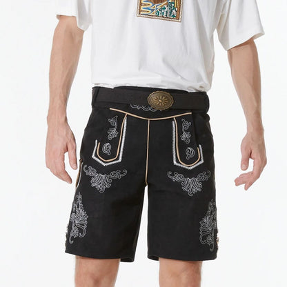 Schwarze Herren-Lederhose mit Stickerei, traditionell, Trachtenmode, Oktoberfest-Bekleidung.