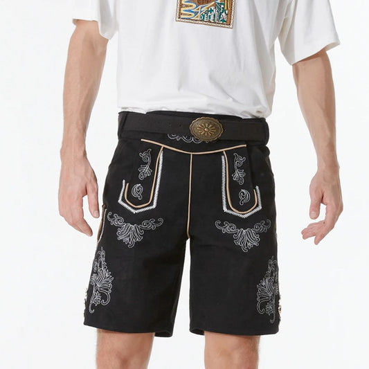 Schwarze Herren-Lederhose mit Stickerei, traditionell, Trachtenmode, Oktoberfest-Bekleidung.