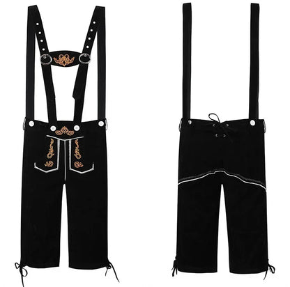 Schwarze Lederhose mit Hosenträgern, Stickerei, traditionell, Trachtenmode, Herrenbekleidung.