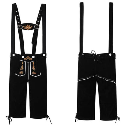 Schwarze Lederhose mit Hosenträgern, Stickerei, traditionell, Trachtenmode, Herrenbekleidung.