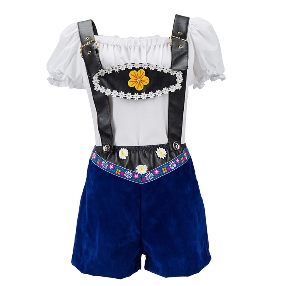 Mädchen-Trachtenoutfit, blau-weiße Lederhose mit Blumenstickerei, Oktoberfest-Kostüm.