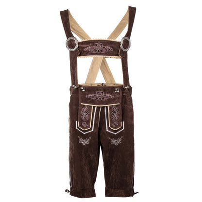 Braune Lederhose mit Hosenträgern, traditionelles bayerisches Trachtenoutfit, Stickereien.
