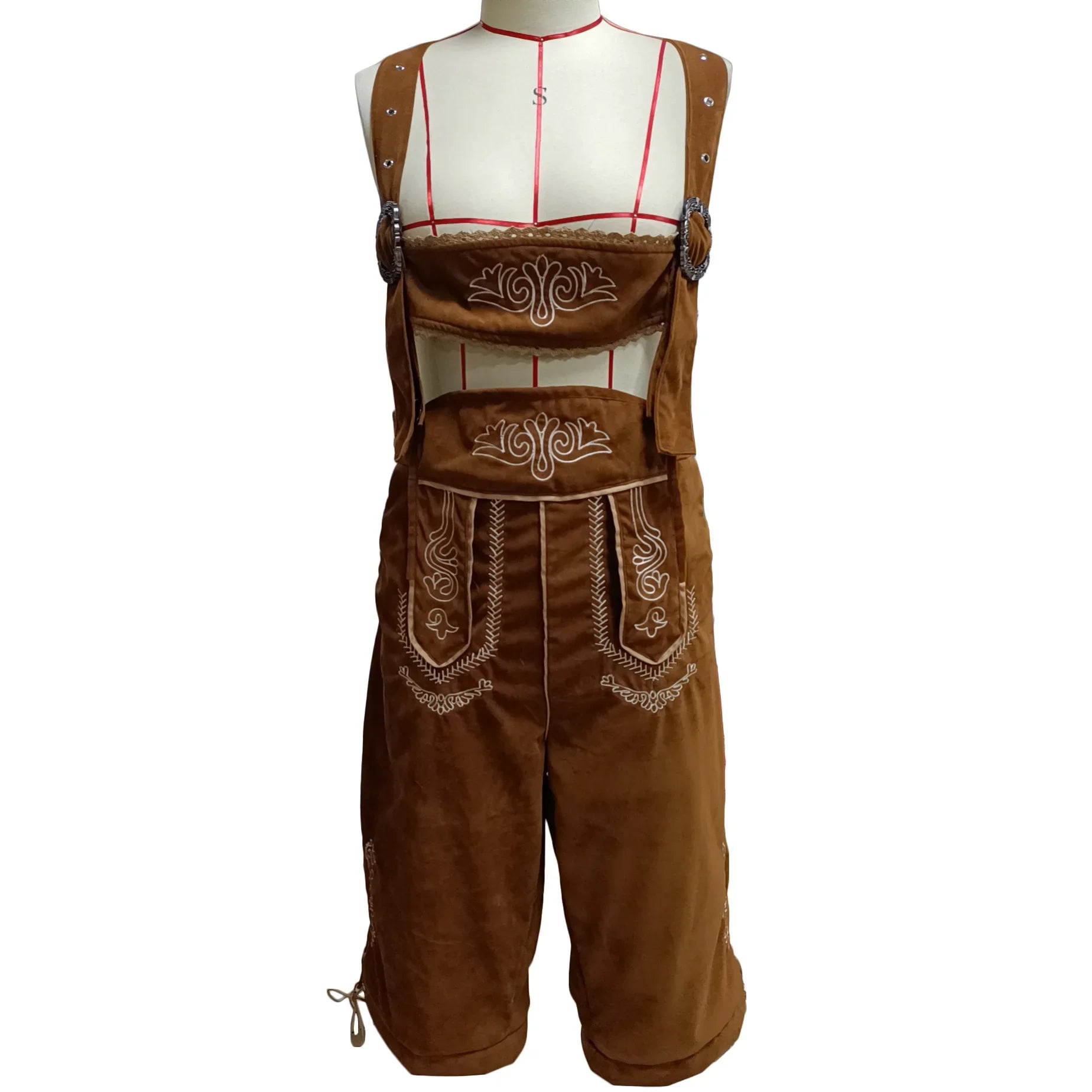 Braune Lederhose mit Hosenträgern, traditionelles bayerisches Trachtenoutfit, Stickereien.