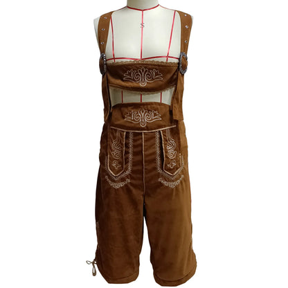 Braune Lederhose mit Hosenträgern, traditionelles bayerisches Trachtenoutfit, Stickereien.