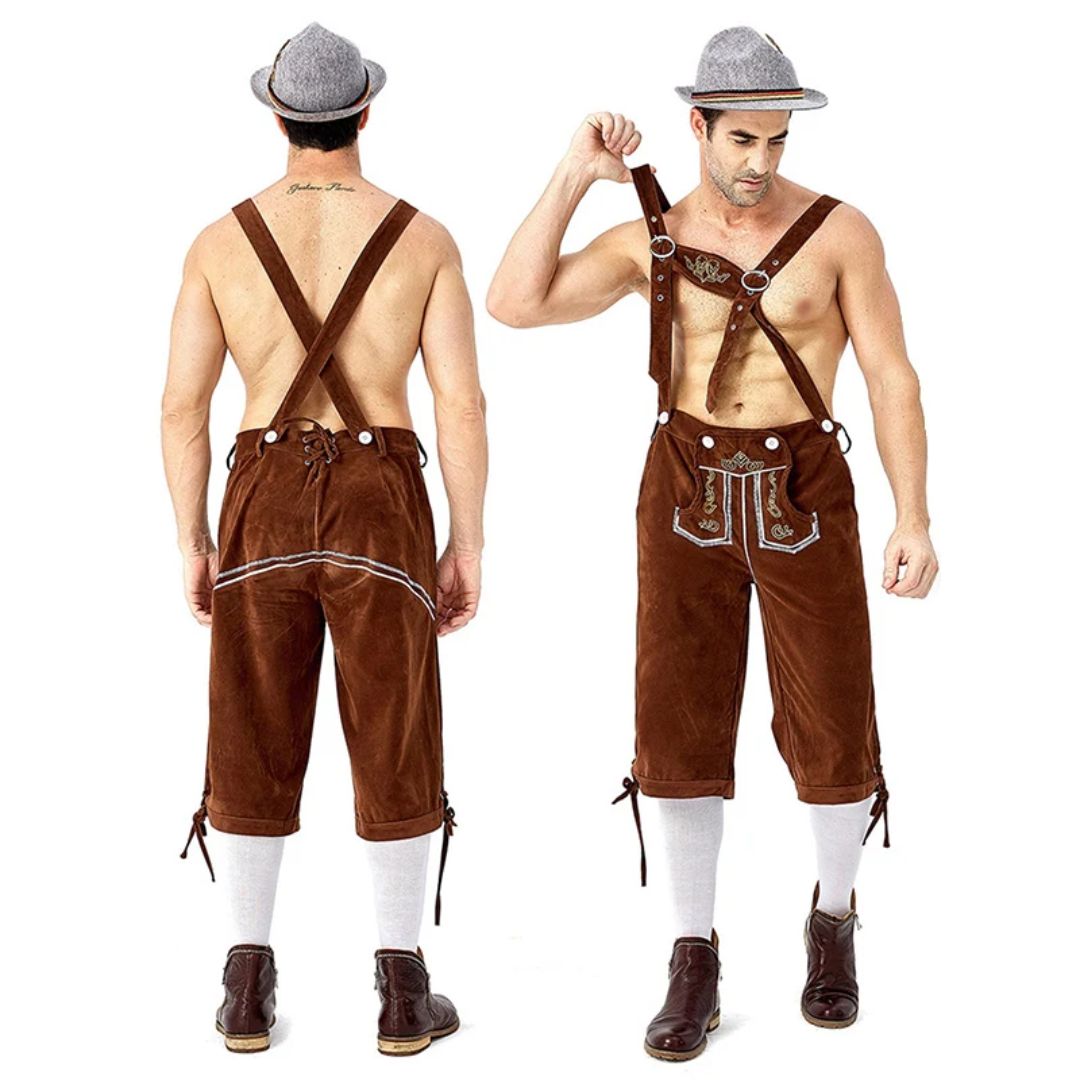 Männer in brauner Lederhose, Trachtenmode, Oktoberfest, traditionell, Hut, Hosenträger.
