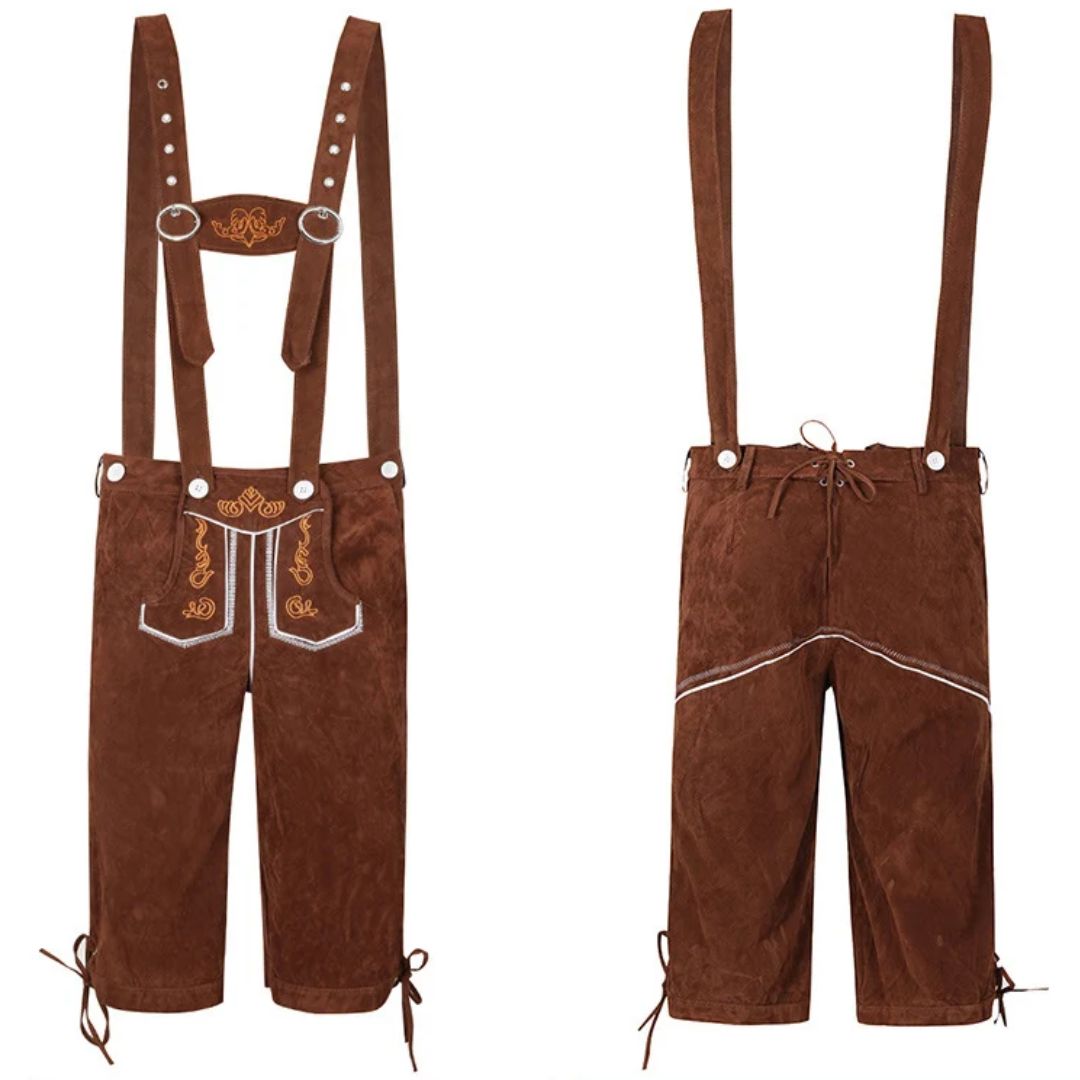 Braune Lederhose mit Hosenträgern, traditionell, bestickt, bayerische Tracht, Herrenmode.