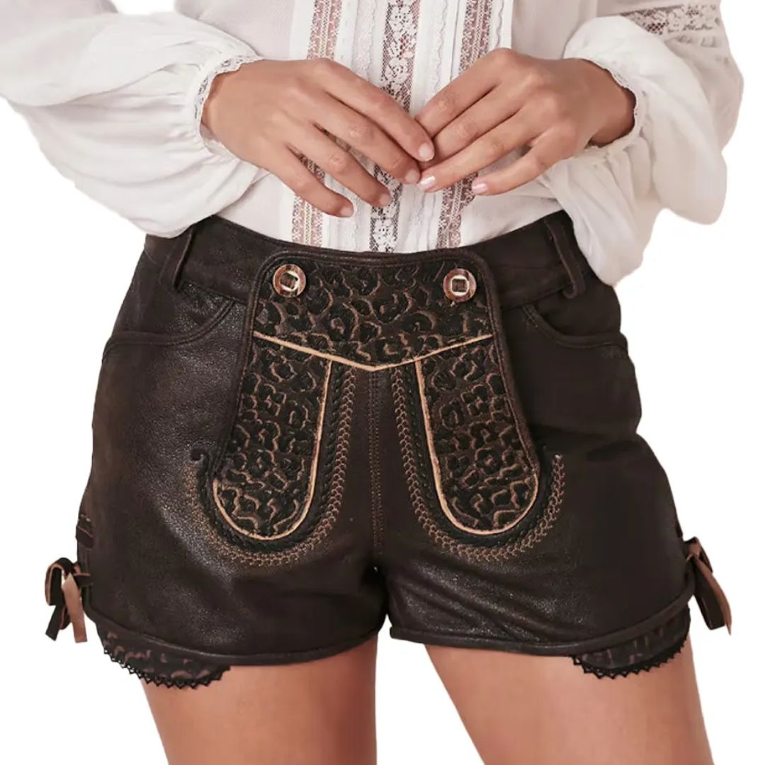 Damen Lederhose schwarz, traditionell, Stickerei, Trachtenmode, Oktoberfest, bayerische Kleidung