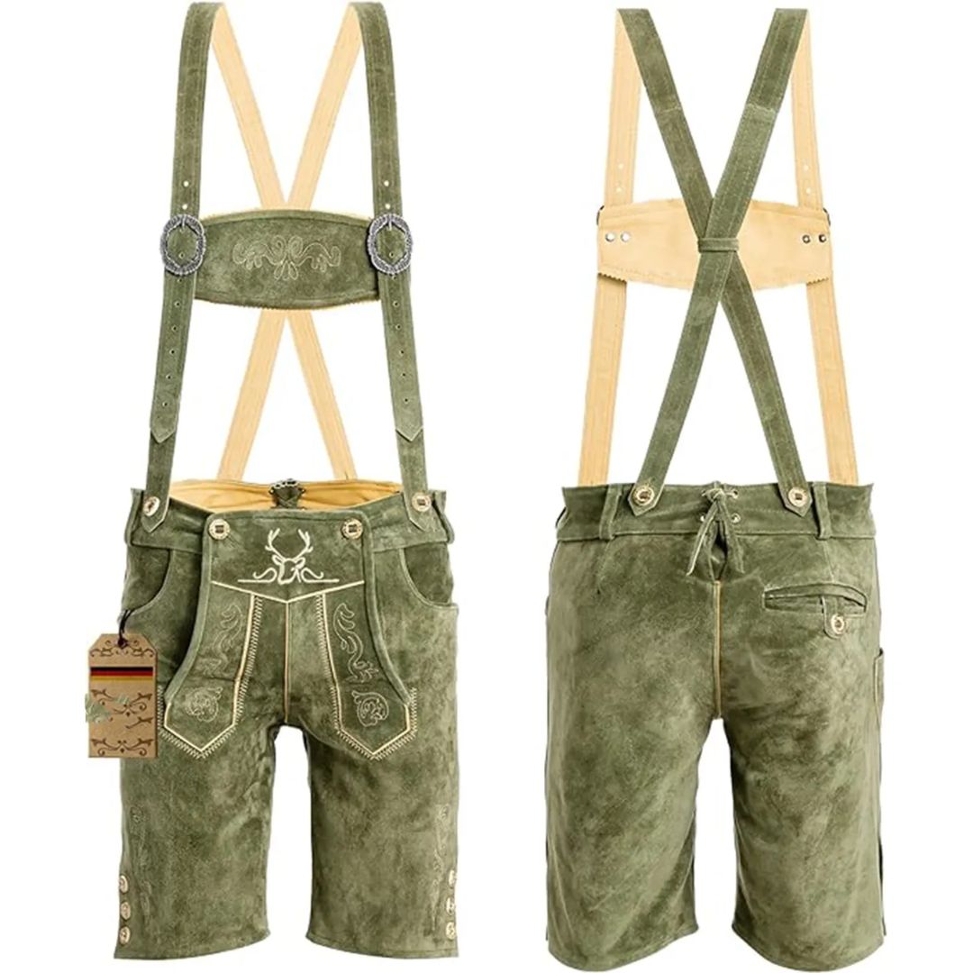 Grüne Lederhose mit Hosenträgern, traditionell bayerisch, Stickerei, Herrenmode.