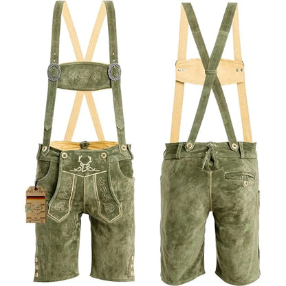 Grüne Lederhose mit Hosenträgern, traditionell bayerisch, Stickerei, Herrenmode.