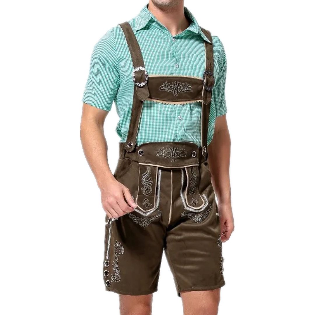 Mann in traditioneller brauner Lederhose mit grüner karierten Hemd, Trachtenmode, Oktoberfest.