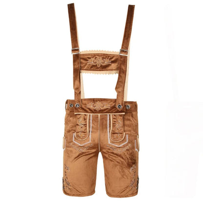 Braune Lederhose mit Hosenträgern, Stickerei, traditionell, Oktoberfest, Herrenmode.