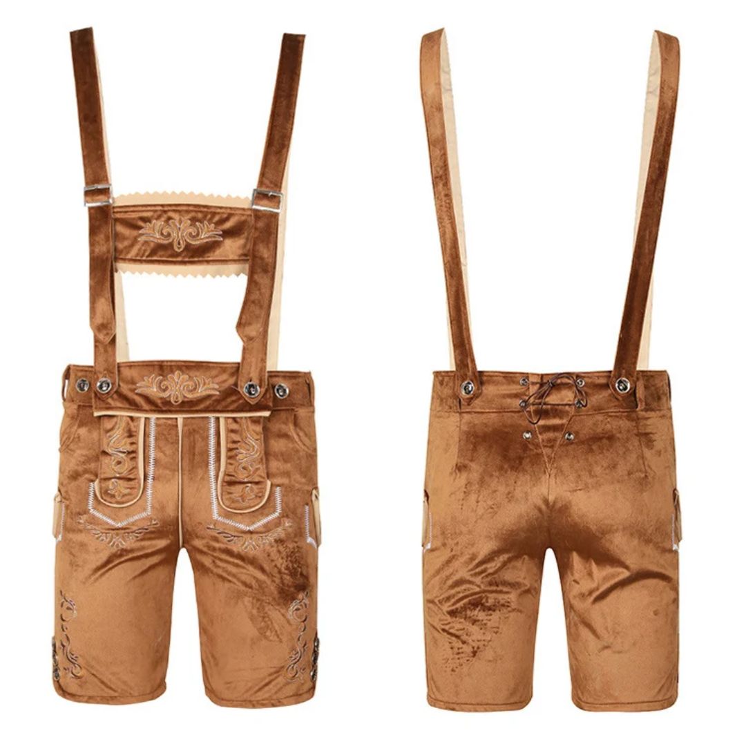 Braune Lederhose mit Hosenträgern, Stickerei, traditionell, Oktoberfest, Herrenmode.