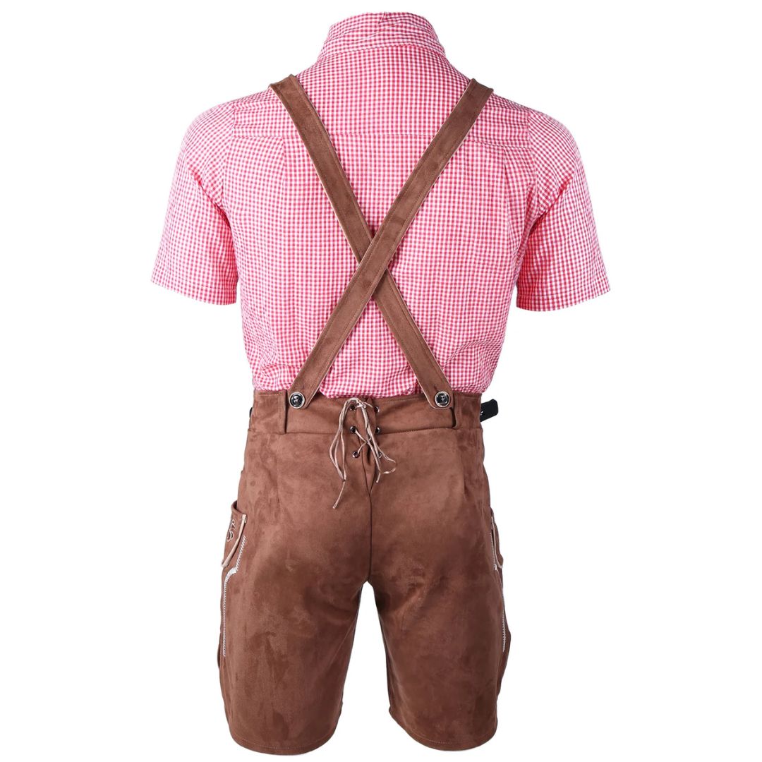 Rückansicht Lederhose Herren, braun, mit Hosenträgern, kariertes Hemd, Oktoberfest Outfit