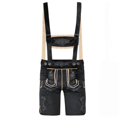 Schwarze Lederhose mit Hosenträgern, Stickerei, traditionell, Trachtenmode, Herrenbekleidung.
