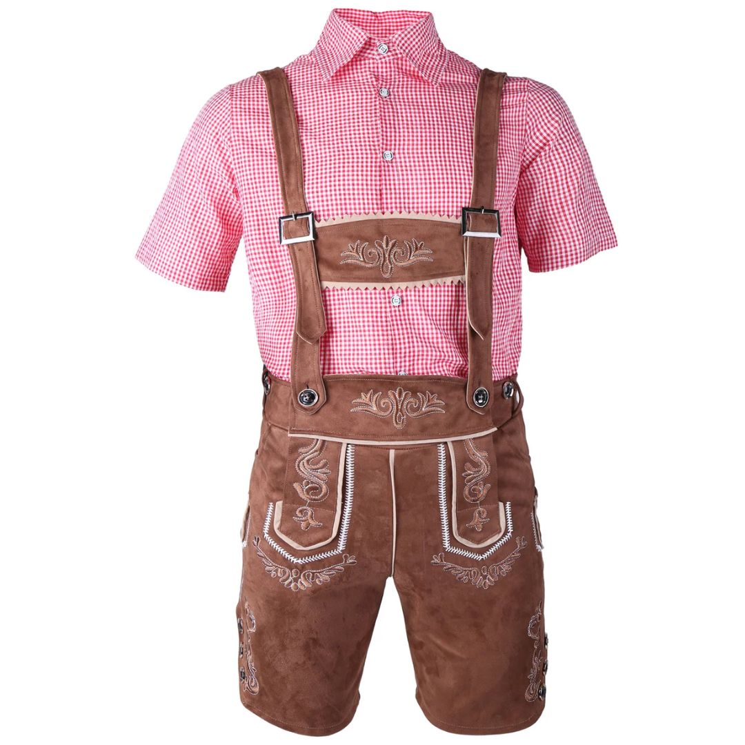 Braune Lederhose mit rotem Karohemd, traditionelle bayerische Tracht für Herren.