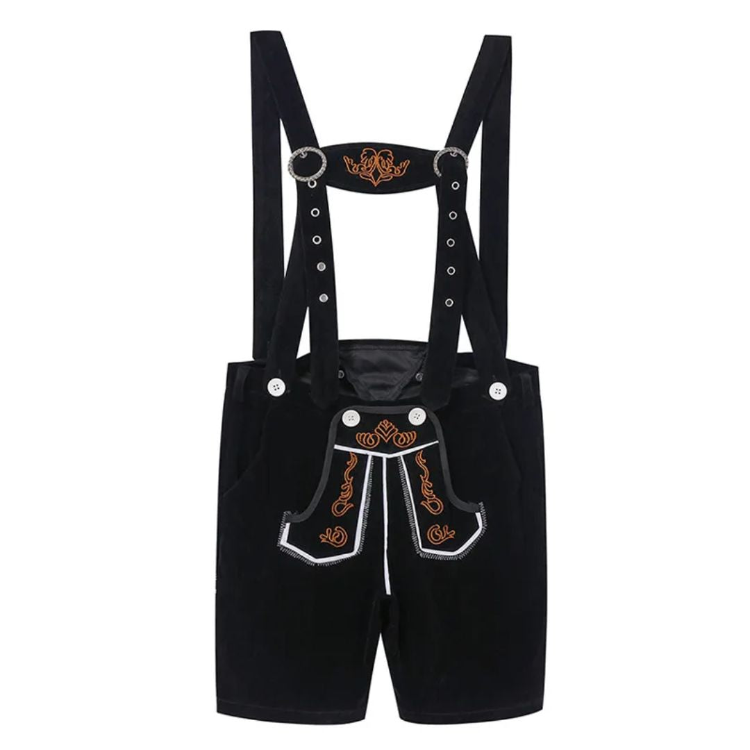 Schwarze Lederhose mit Hosenträgern, Stickerei, traditionell, Trachtenmode, Herrenmode.