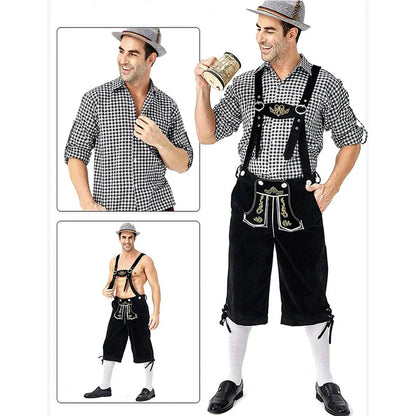 Mann in traditioneller bayerischer Tracht, schwarz-weiß kariertes Hemd, Lederhose, Hut.