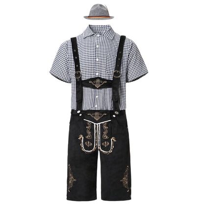 Lederhose Set Herren, kariertes Hemd, schwarzer Hut, Trachtenmode, Oktoberfest Outfit