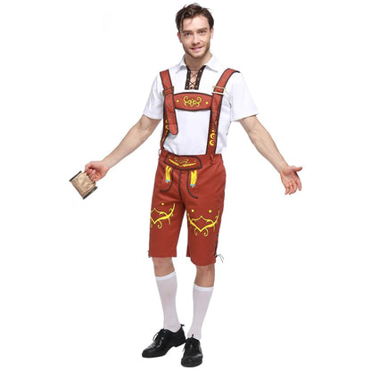 Mann in roter Lederhose mit weißem Hemd, Trachtenmode, Oktoberfest, traditionell, bayerisch.