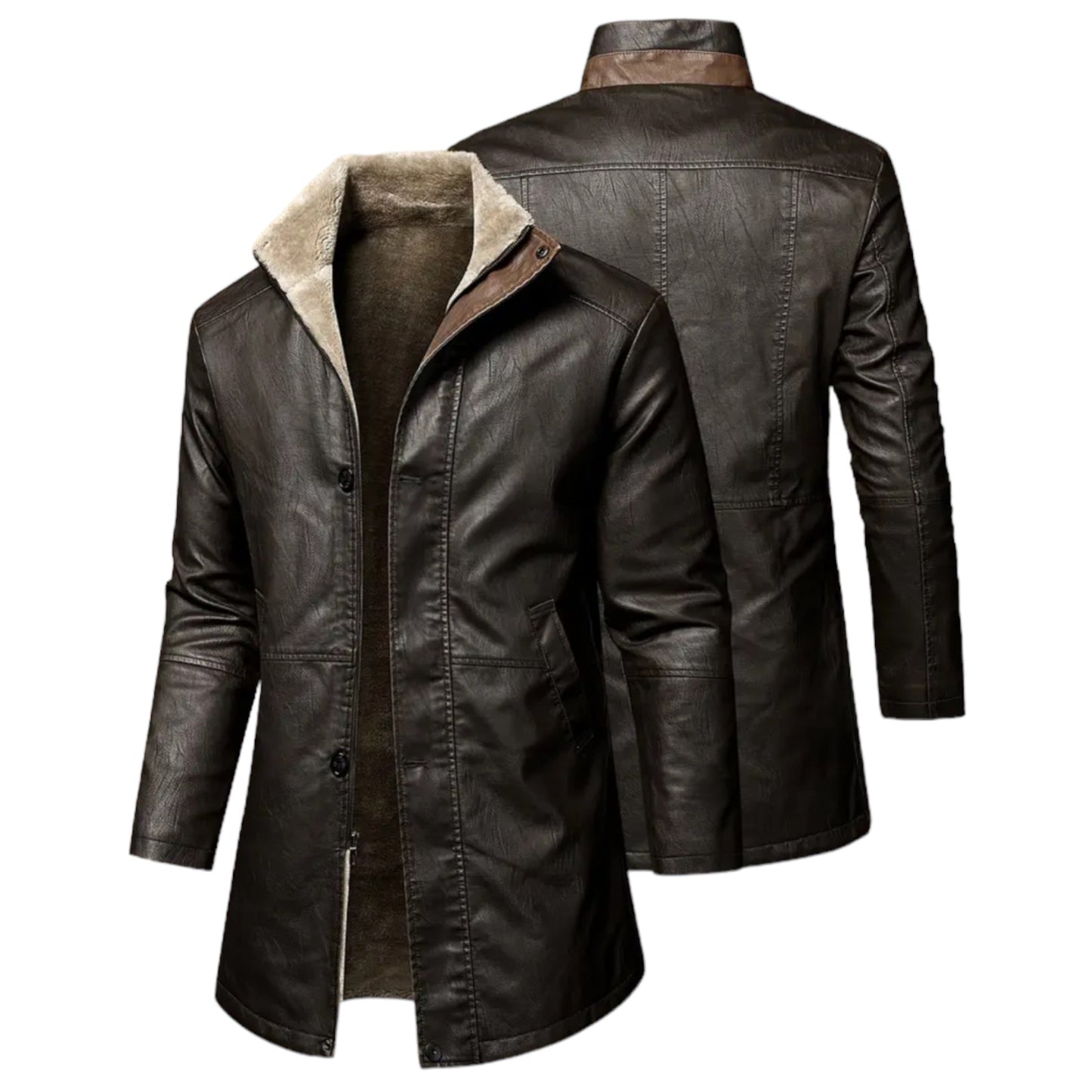 Herren-Lederjacke, braun, mit Stehkragen und Futter, modisch, warm, Wintermantel.