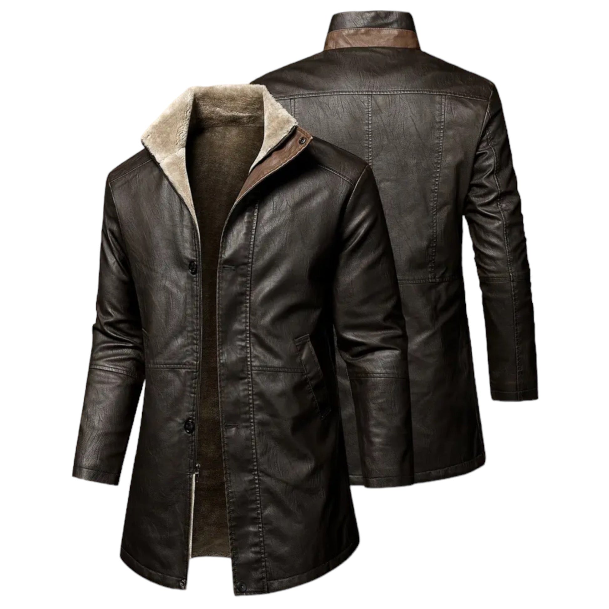 Herren-Lederjacke, braun, mit Stehkragen und Futter, modisch, warm, Wintermantel.