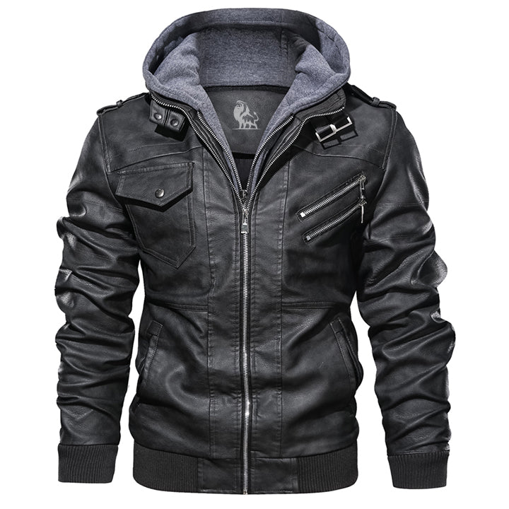 Schwarze Lederjacke mit Kapuze, Reißverschlüssen und Taschen, Herrenmode, stylisch, lässig.