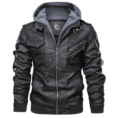 Schwarze Lederjacke mit Kapuze, Reißverschlüssen und Taschen, Herrenmode, stylisch, lässig.