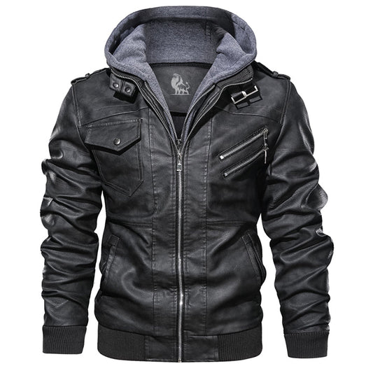 Schwarze Lederjacke mit Kapuze, Reißverschlüssen und Taschen, Herrenmode, stylisch, lässig.