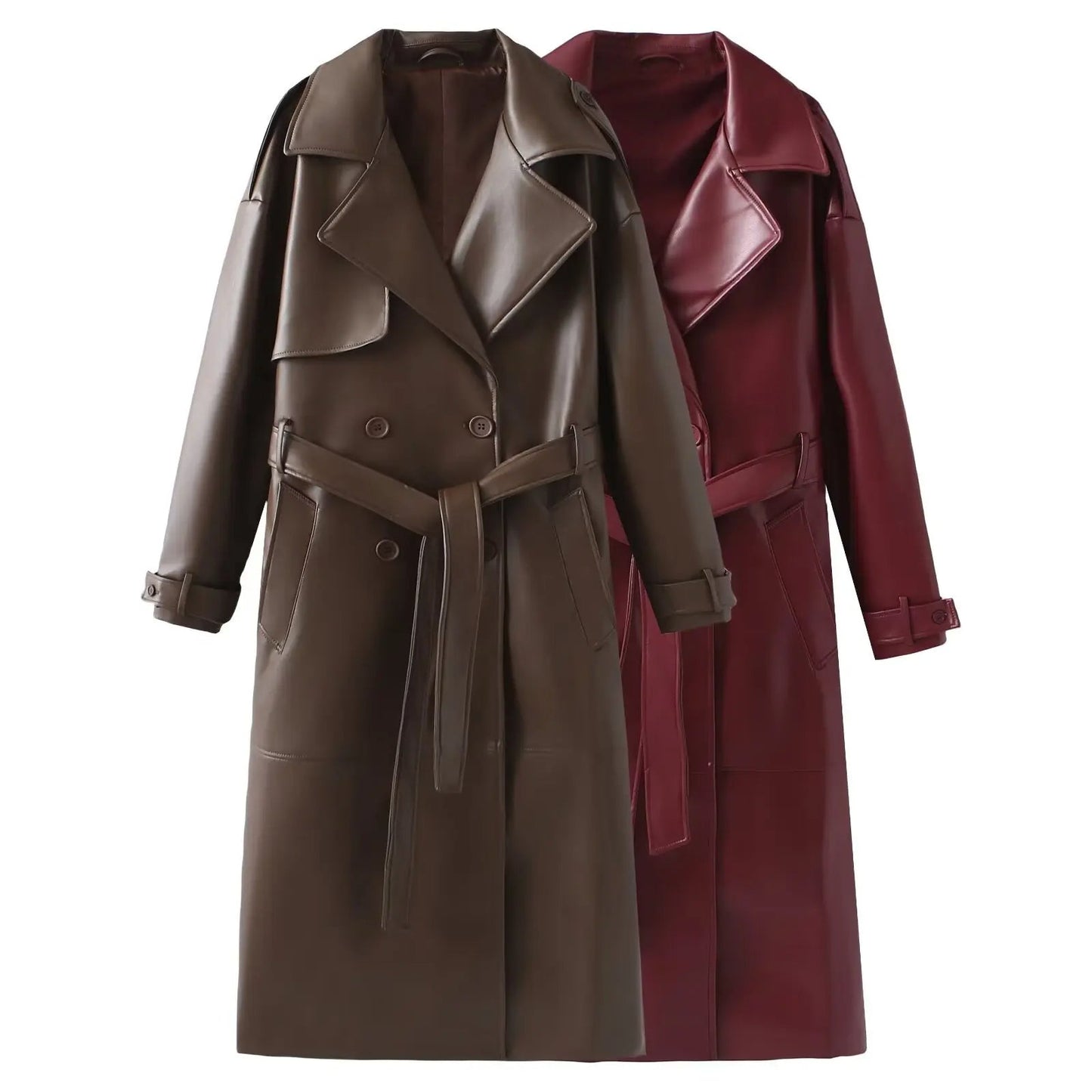 Zwei lange Ledermäntel, braun und rot, mit Gürtel, klassischer Schnitt, Herbstmode.