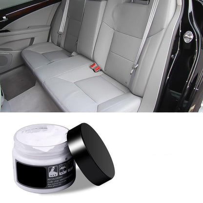 Graue Ledersitze Auto mit Lederpflegecreme, Autopflege, Innenraumreinigung, Lederreparatur.