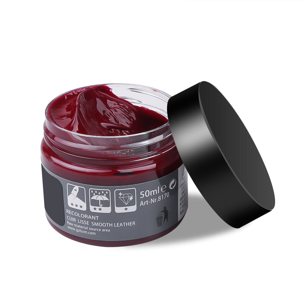 Rote Lederfarbe 50ml, Glattleder, Reparaturcreme, offene Dose, Glanzfinish.