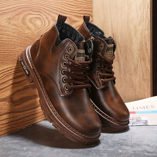 Braune Lederstiefel für Herren, robustes Design, rutschfeste Sohle, Outdoor-tauglich.