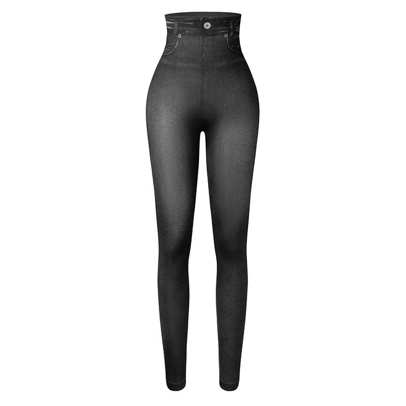 Schwarze Slim-Fit-Jeans-Leggings, hoher Bund, figurformend, Damenmode.