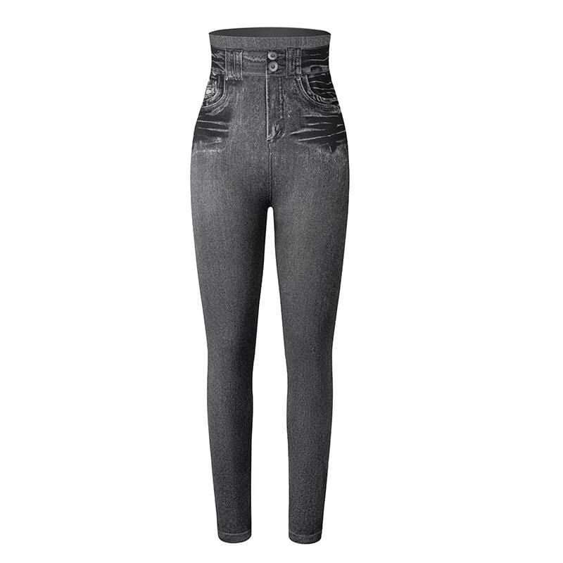 Graue Slim-Fit-Jeans-Leggings, hoher Bund, Denim-Look, Damenmode, figurbetont.