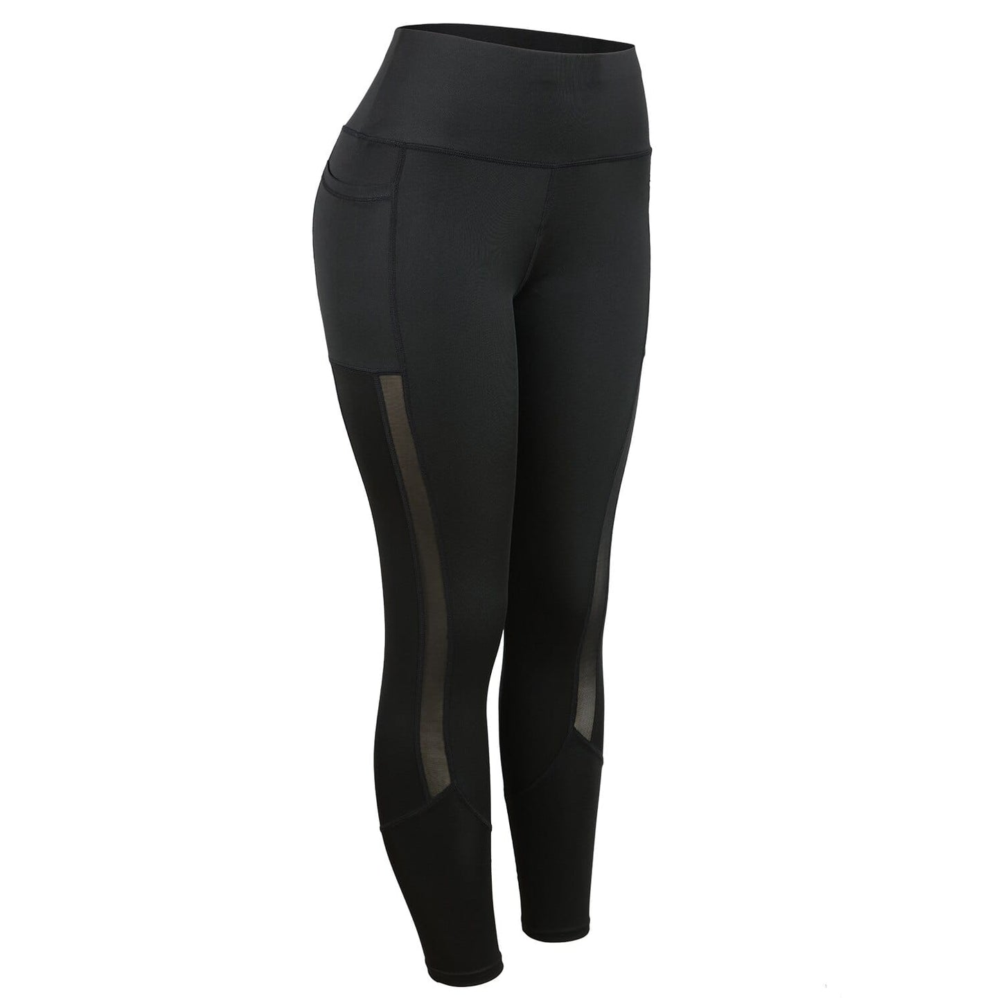Schwarze Anti-Cellulite-Leggings mit Taschen, hoher Bund, Mesh-Einsätze, Damenmode.