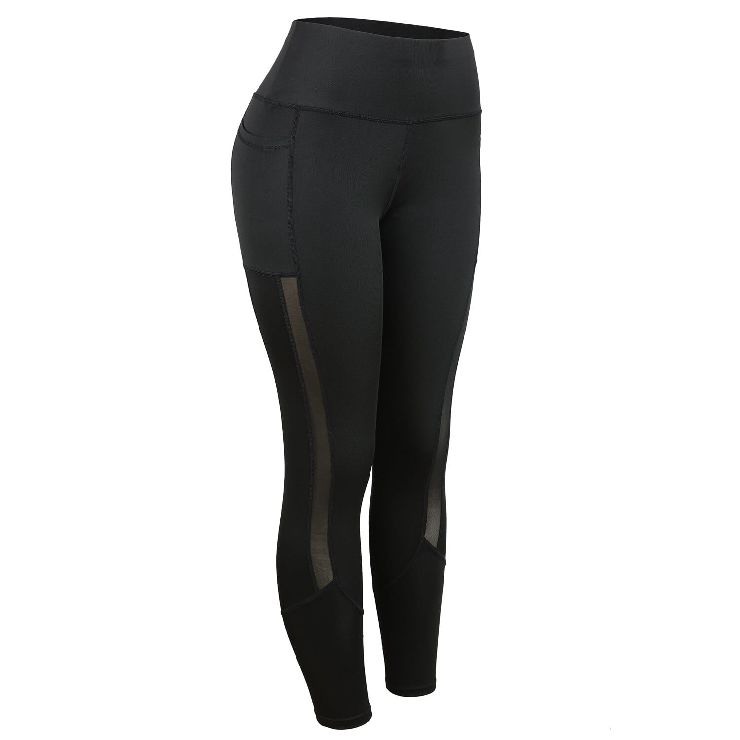 Schwarze Anti-Cellulite-Leggings mit Taschen, hoher Bund, Mesh-Einsätze, Damenmode.