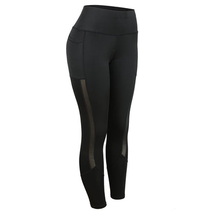 Schwarze Anti-Cellulite-Leggings mit Taschen, hoher Bund, Mesh-Einsätze, Damenmode.