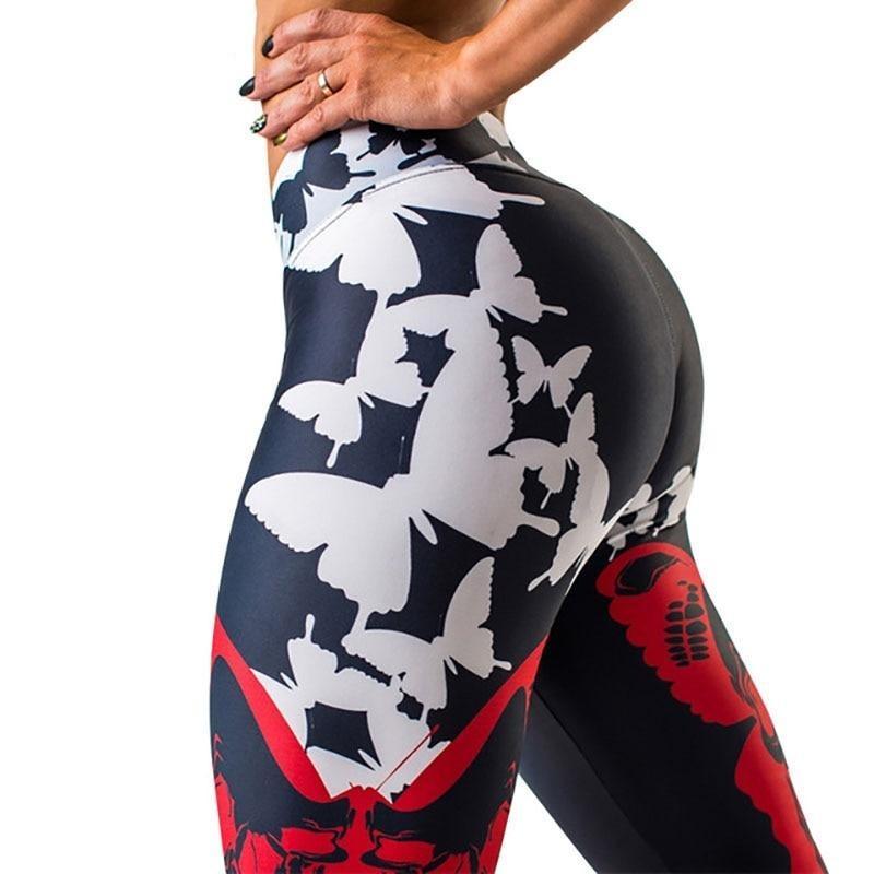 Damen Leggings mit Schmetterlingsmuster, schwarz-rot, figurformend, elastisch, modisch.
