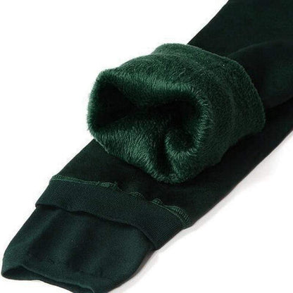 Dunkelgrüne Thermo-Leggings, gefüttert, warm, bequem, Wintermode, Damenbekleidung.