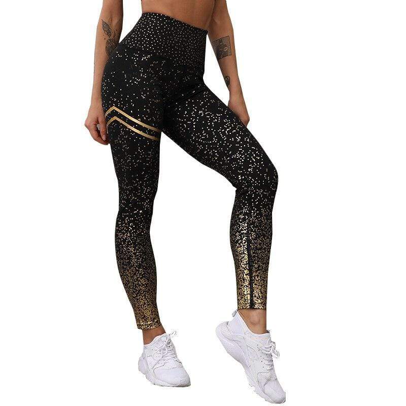 Damen Sport Leggings, schwarz-gold, figurformend, hoher Bund, Fitnessmode, bequem.