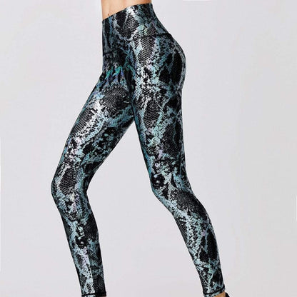 Damen Hochbund-Leggings, Schlangenmuster, Fitness, formend, schwarz-blau, elastisch.