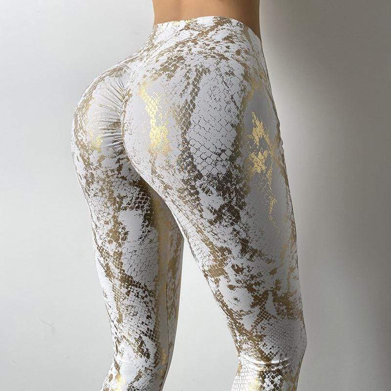 Damen Leggings, hohe Taille, Schlangenmuster, Weiß-Gold, Fitness, formend, elastisch.