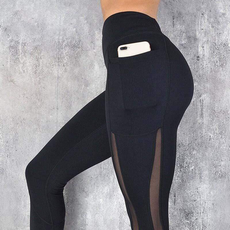 Schwarze Anti-Cellulite-Leggings mit Taschen, seitlichem Mesh-Einsatz, Sportbekleidung.