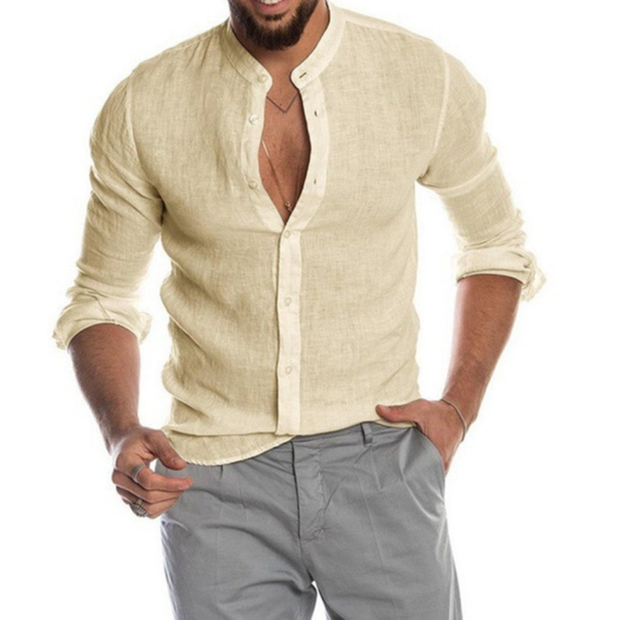 Männerhemd Leinen beige, Stehkragen, langärmlig, lässig, Sommermode, Herrenbekleidung.
