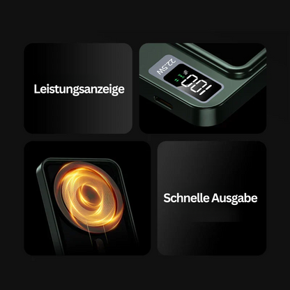 Tragbares schwarzes Ladegerät mit LED-Anzeige und schneller Ladefunktion, kompakt und effizient.