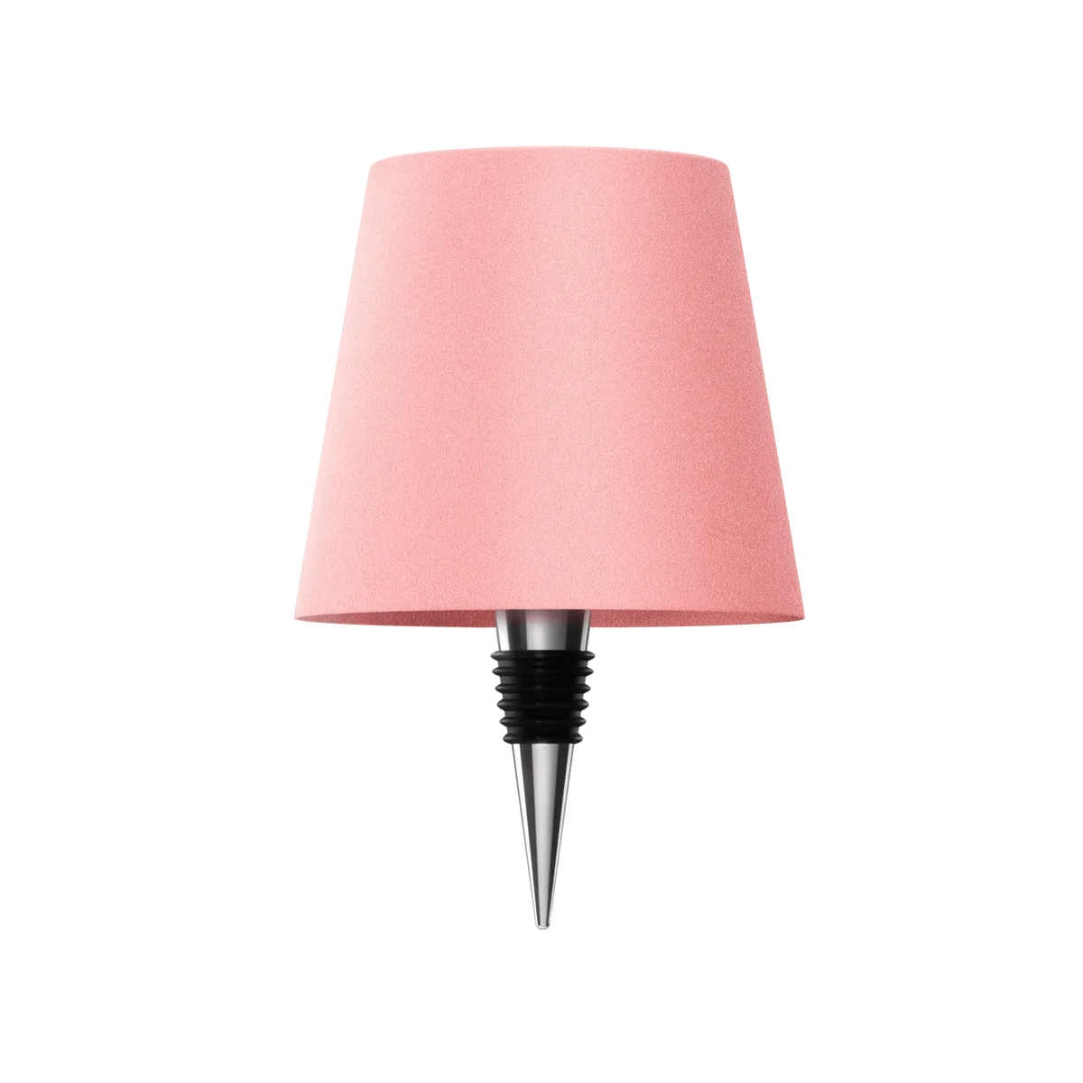 Rosa lampskärm med flaskpropp i silverfärgad metall och svart gummi, fristående mot vit bakgrund. 16