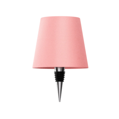 Rosa lampskärm med flaskpropp i silverfärgad metall och svart gummi, fristående mot vit bakgrund. 16