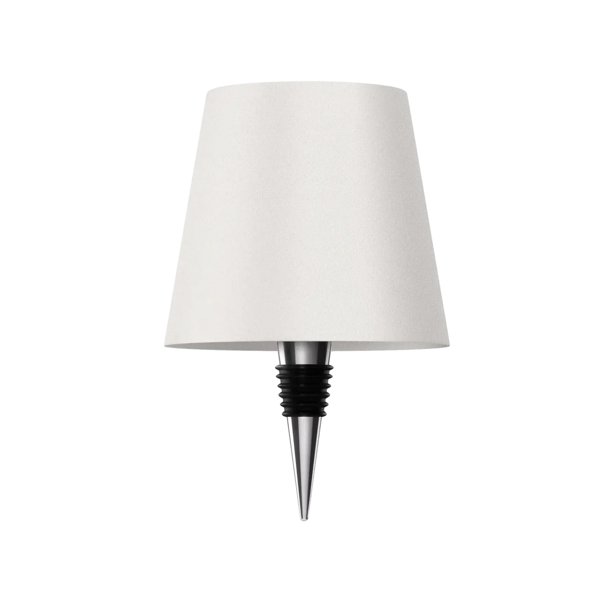 Vit lampskärm med flaskpropp i silverfärgad metall och svart gummi, fristående mot vit bakgrund. 12