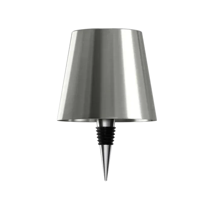 Silverfärgad metallskärm med flaskpropp i silverfärgad metall och svart gummi, fristående mot vit bakgrund. 14