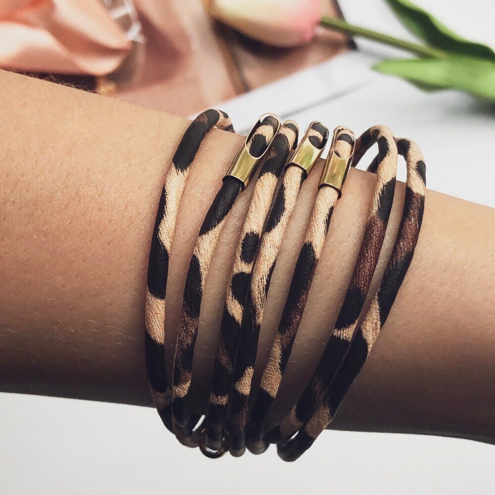 Leopard Armband Set, Damen, Leder, Goldverschluss, modisch, mehrlagig, Accessoire, Geschenkidee